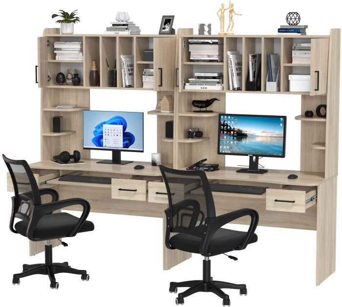 Два стола рабочих 6-0604 Бета + два кресла 103 чёрных, цвет дуб сонома, ШхГхВ 240х60,5х183,5 см.