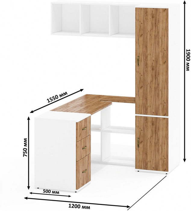 Лидер-8 Стол + Полка + Тумба МД 3.16 + Пенал МД 23Б, цвет белый шагрень/крафт золото, ШхГхВ 245х50/37,5х75/190 или 155х120/50х75/190 см., НЕ ун. сб.