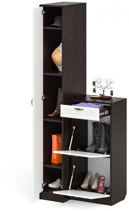 Прихожая П-6 Компоновка № 42, цвет венге/фасады МДФ белое дерево фрезеровка ромб, ШхГхВ 80х50х210 см., универсальная сборка