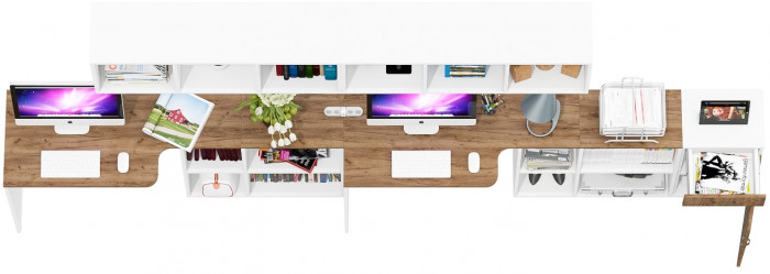 Лидер-8 Стол + Полка + Стол + Полка + Тумба МД 3.15, белый шагрень/крафт золото