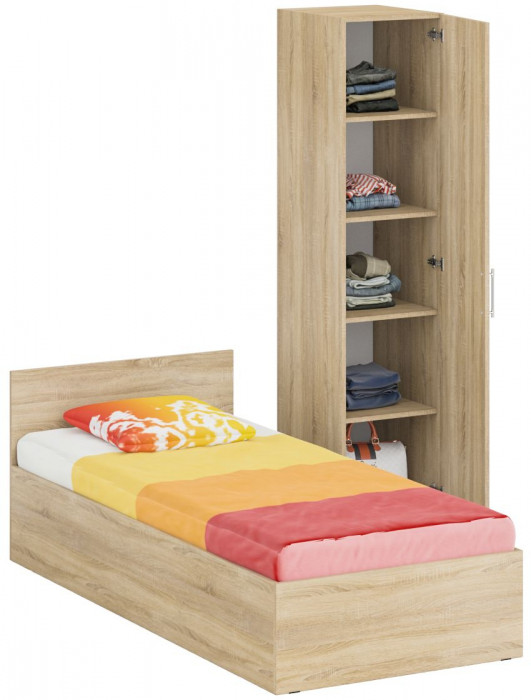 Кровать 0900 + Пенал Стандарт, цвет дуб сонома, ШхГхВ 93,5х203,5х70 + 45х52х200 см., сп.м. 900х2000 мм., без матраса, основание есть