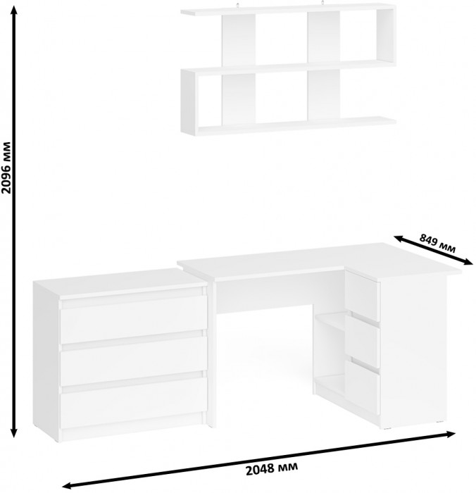 Мори компьютерный стол МС-16 правый + Комод МК800.1 + Полка 1200, белый