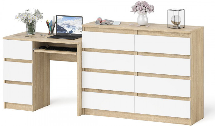 Мори Стол компьютерный МС-6 левый + Комод МК1200.8, цвет дуб сонома/белый, ШхГхВ 210,4х50х94 см., выдвижные ящики слева, НЕ универсальная сборка