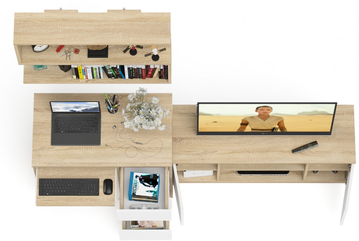 Мори Стол компьютерный МС-6 правый + Тумба МТВ1200.1 + Полка 900, цвет дуб сонома/белый, ШхГхВ 210,4х50х209,6 см., НЕ универсальная сборка