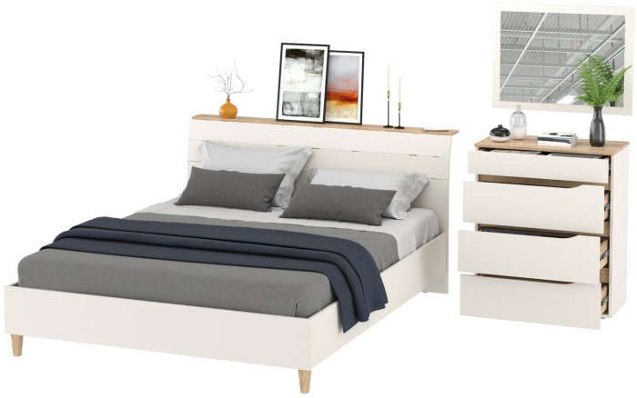 Муссон Кровать 11.41 + ортопед + Комод 13.97 + Зеркало СВК, цвет белый/дуб эндгрейн элегантный, сп. м. 1600х2000 мм., б/м