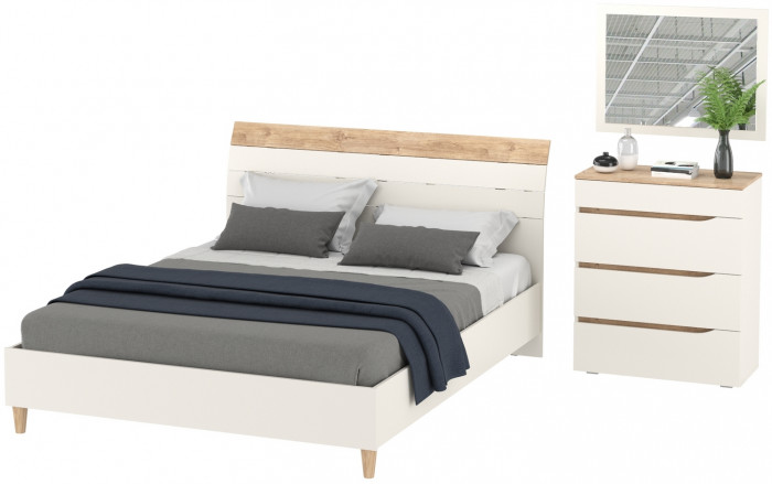 Муссон Кровать 11.41 + ортопед + Комод 13.97 + Зеркало СВК, цвет белый/дуб эндгрейн элегантный, сп. м. 1600х2000 мм., б/м