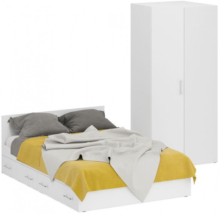 Кровать с ящиками 1400 + угловой шкаф Стандарт, белый