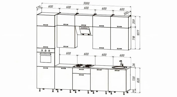 Кухня Рио NEW ЛДСП 3,0м/1080м (490) Компановка №3/1, Бетон светлый/Бетон темный/Белый глянец, Графит