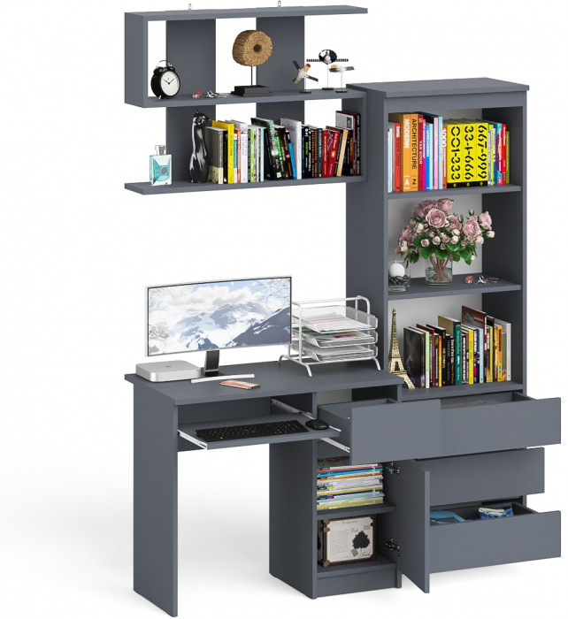 Мори Стол компьютерный МС-1 правый + Стеллаж МСТ600.3 + Полка 900, цвет графит, ШхГхВ 150,4х50х209,6 см., НЕ универсальная сборка
