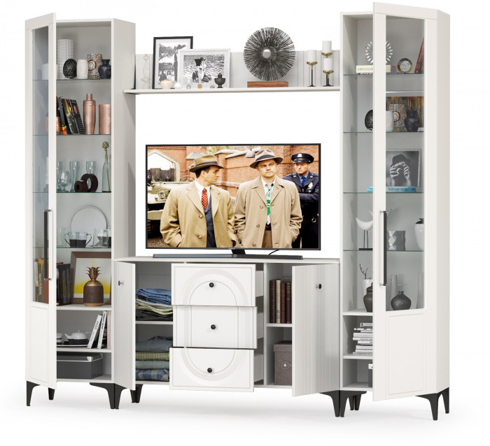 Валенсия Гостиная № 100, цвет ЛДСП белый шагрень/МДФ белый шагрень, ШхГхВ 243,2х38,4х225,2 см., ниша для ТВ 133х38х100 см.