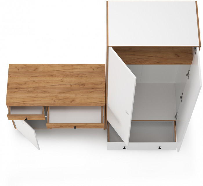 Вуди Компоновка № 21, цвет белый премиум/дуб крафт золотой, ШхГхВ 196х52,7х205 см., универсальная сборка