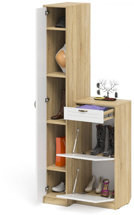 Прихожая П-6 Компоновка № 42, цвет дуб сонома/фасады МДФ белое дерево фрезеровка прованс, ШхГхВ 80х50х210 см., универсальная сборка