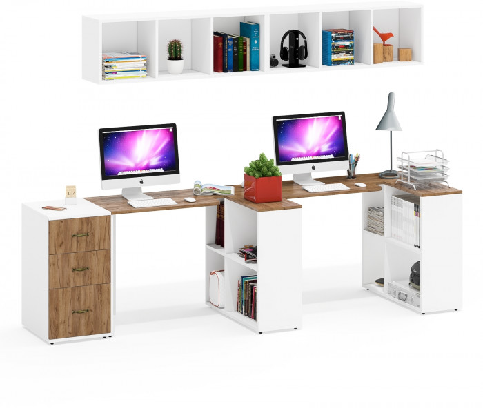 Лидер-8 Стол + Полка + Стол + Полка + Тумба МД 3.16, белый шагрень/крафт золото