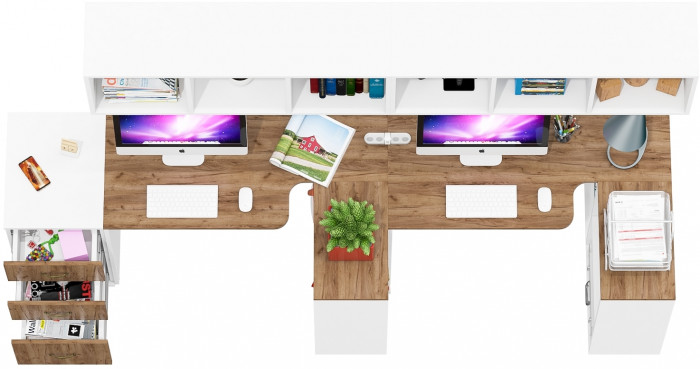 Лидер-8 Стол + Полка + Стол + Полка + Тумба МД 3.16, белый шагрень/крафт золото