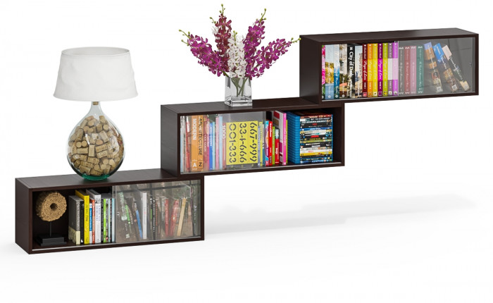 Три полки книжных С-МД-КН01, цвет венге, ШхГхВ размер каждой полки в отдельности: 83х25х30 см., стеклянные дверцы