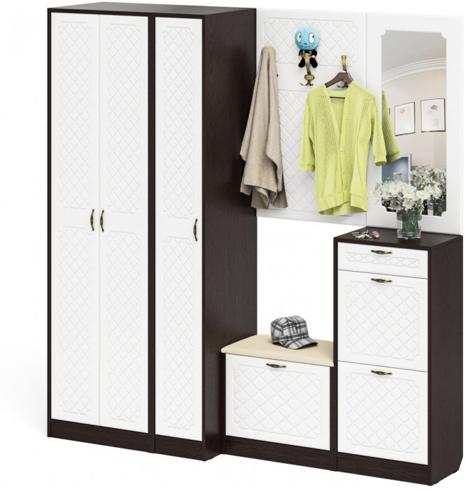 Прихожая П-6 Компоновка № 51, венге/фасады МДФ белое дерево фрезеровка ромб