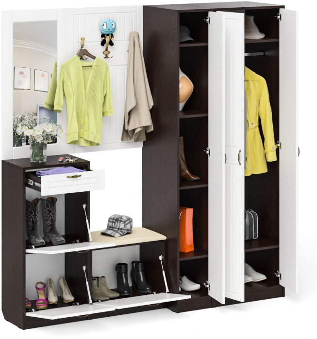 Прихожая П-6 Компоновка № 51, цвет венге/фасады МДФ белое дерево фрезеровка прованс, ШхГхВ 200х50х210 см., универсальная сборка
