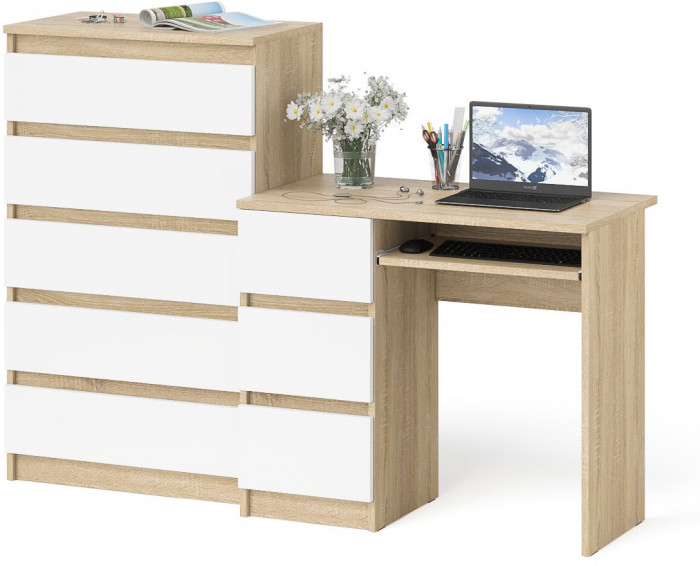 Мори компьютерный стол МС-6 левый + Комод МК700.5, дуб сонома/белый