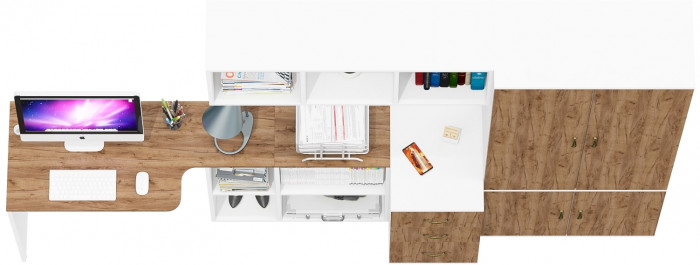 Лидер-8 Стол + Полка + Тумба МД 3.16 + Шкаф МД 20Б, цвет белый шагрень/крафт золото, ШхГхВ 285х50/37,5х75/190 или 115х200/50х75/190 см., НЕ ун. сб.