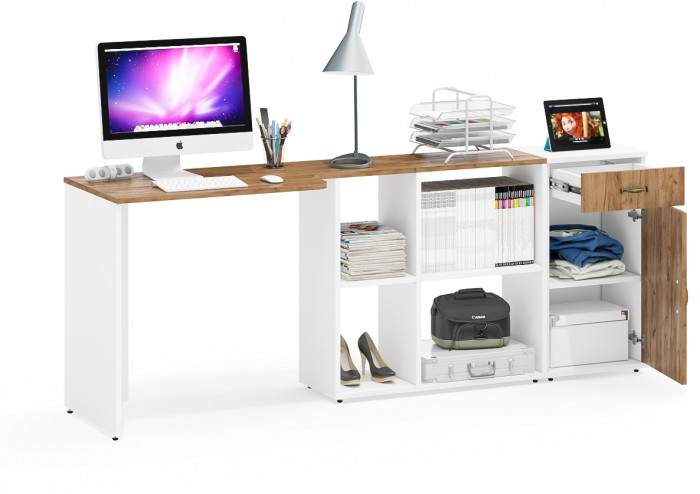 Лидер-8 Стол + Тумба МД 3.15, цвет белый шагрень/крафт золото, ШхГхВ 205х50/30х75 см. или 115х50/120х75 см., НЕ универсальная сборка