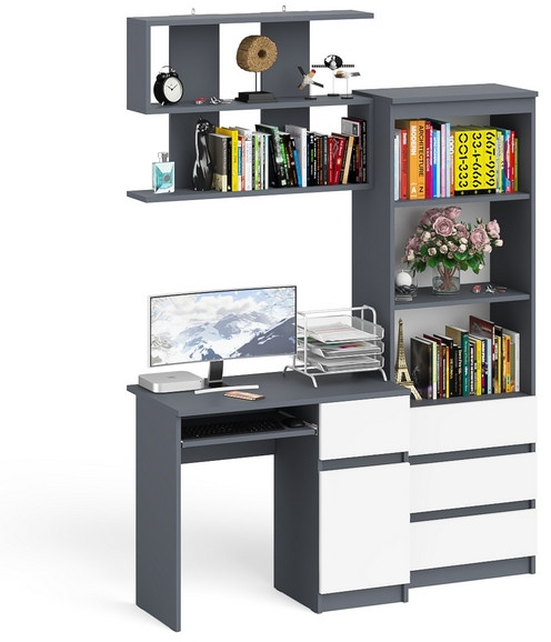 Мори Стол компьютерный МС-1 правый + Стеллаж МСТ600.3 + Полка 900, цвет графит/белый, ШхГхВ 150,4х50х209,6 см., НЕ универсальная сборка