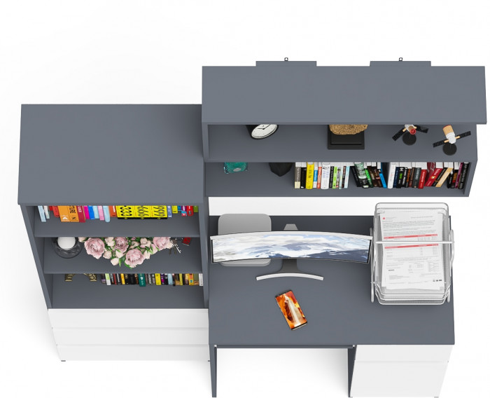 Мори Стол компьютерный МС-1 правый + Стеллаж МСТ600.3 + Полка 900, цвет графит/белый, ШхГхВ 150,4х50х209,6 см., НЕ универсальная сборка