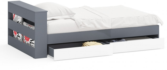 Ксения Кровать с ящиками 1200, графит/белый