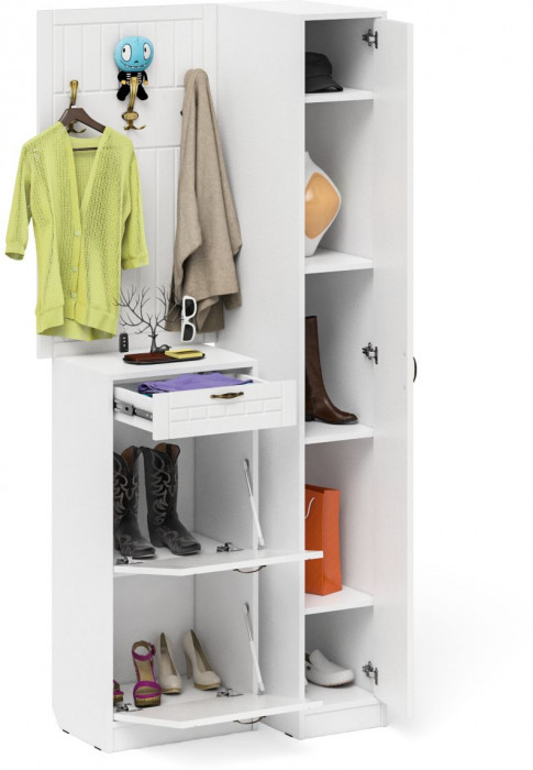 Прихожая П-6 Компоновка № 44, цвет белая шагрень/фасады МДФ белое дерево фрезеровка прованс, ШхГхВ 90х50х220 см., универсальная сборка