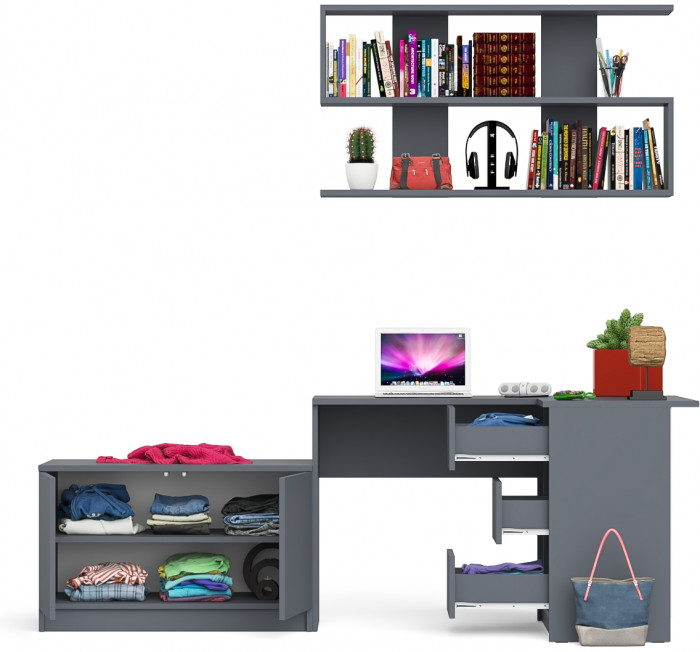 Мори Стол компьютерный МС-16 правый + Тумба МА900.1 + Полка 1200, цвет графит, ШхГхВ 214,8х84,9х209,6 см., НЕ универсальная сборка
