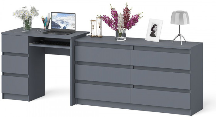 Мори Стол компьютерный МС-6 левый + Комод МК1380.6, цвет графит, ШхГхВ 228х50х76,6 см., выдвижные ящики слева, НЕ универсальная сборка
