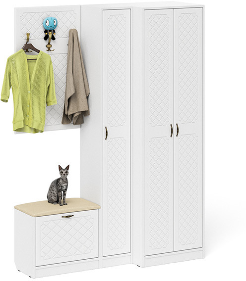 Прихожая П-6 Компоновка № 27, белая шагрень/фасады МДФ белое дерево фрезеровка ромб