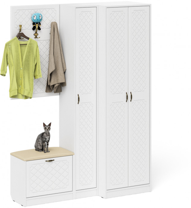 Прихожая П-6 Компоновка № 27, белая шагрень/фасады МДФ белое дерево фрезеровка ромб