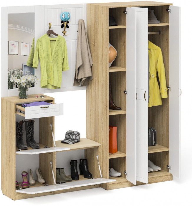 Прихожая П-6 Компоновка № 51, дуб сонома/фасады МДФ белое дерево фрезеровка прованс