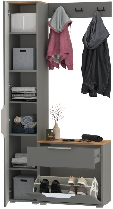 Октава Прихожая 15, цвет серый графит/дуб крафт золотой/фасады МДФ серый графит, ШхГхВ 97,1х35,4х197,6 см., универсальная сборка