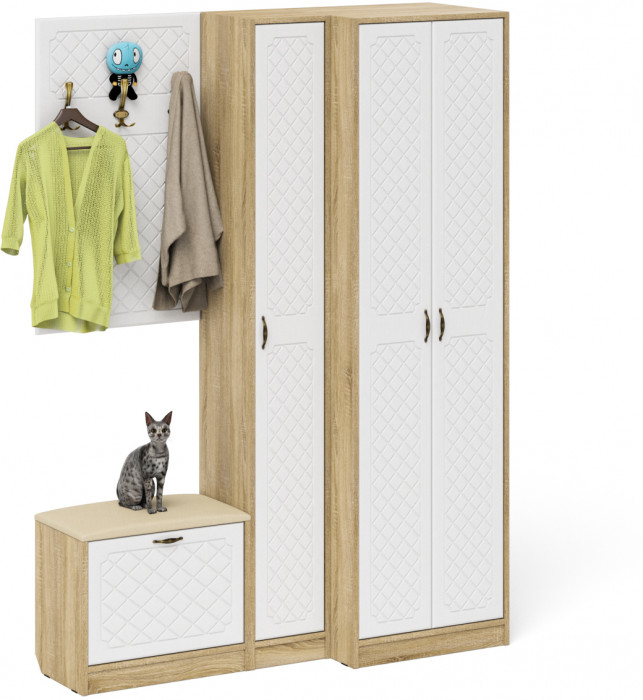 Прихожая П-6 Компоновка № 27, цвет дуб сонома/фасады МДФ белое дерево фрезеровка ромб, ШхГхВ 150х50х210 см., универсальная сборка