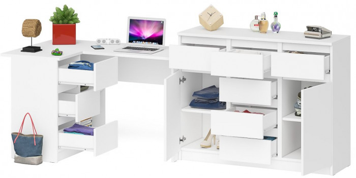 Мори компьютерный стол МС-16 левый + Комод МК1200.4, белый
