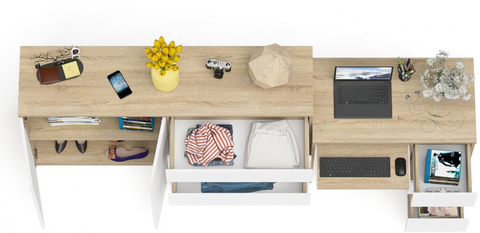 Мори Стол компьютерный МС-6 правый + Комод МК1600.1, цвет дуб сонома/белый, ШхГхВ 250,4х50х94 см., выдвижные ящики справа, НЕ универсальная сборка