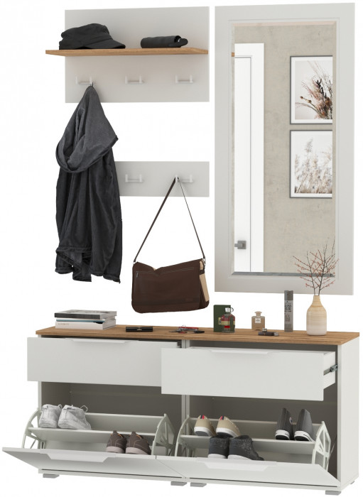 Октава Прихожая 40, цвет белый шагрень/дуб крафт золотой/фасады МДФ белый шагрень, ШхГхВ 129,8х35,4х197 см., универсальная сборка