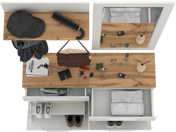 Октава Прихожая 40, цвет белый шагрень/дуб крафт золотой/фасады МДФ белый шагрень, ШхГхВ 129,8х35,4х197 см., универсальная сборка