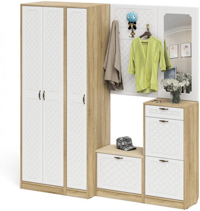 Прихожая П-6 Компоновка № 51, дуб сонома/фасады МДФ белое дерево фрезеровка ромб