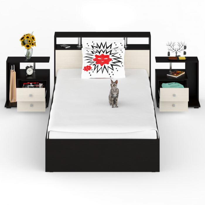 Камелия Кровать 1200 + две тумбы, венге/дуб лоредо