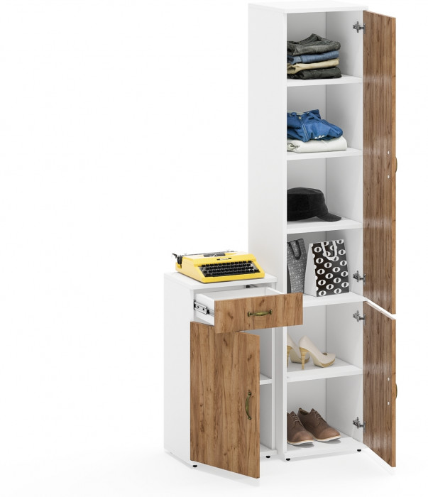 Лидер-8 Пенал МД 22Б + Тумба МД 3.15, цвет белый шагрень/крафт золото, ШхГхВ 80х37,5х190 см., универсальная сборка