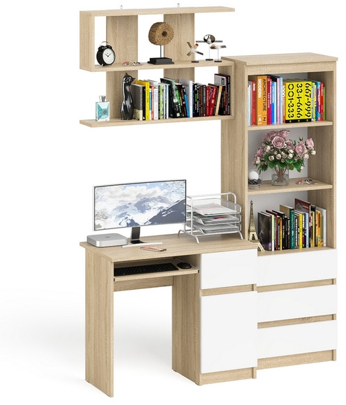 Мори Стол компьютерный МС-1 правый + Стеллаж МСТ600.3 + Полка 900, цвет дуб сонома/белый, ШхГхВ 150,4х50х209,6 см., НЕ универсальная сборка