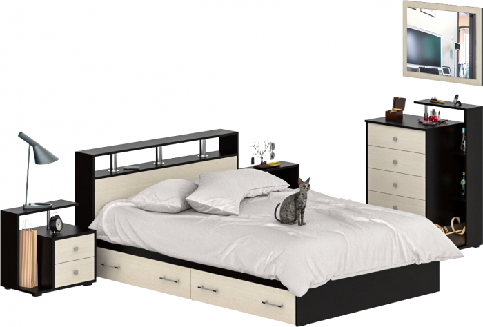 Камелия спальня № 12 Кровать с ящиками 1400 + Две тумбы + Комод + Зеркало, цвет венге/дуб лоредо, сп.м. 1400х2000 мм., б/м, основание есть