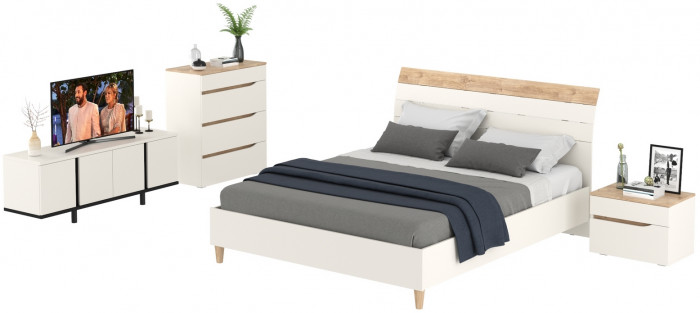 Муссон Кровать 11.41 + ортопед + Тумба 16.03 + Комод 13.97 + Тумба ТВ 13.276, цвет белый/чёрный/дуб эндгрейн элегантный, сп. м. 1600х2000 мм., б/м