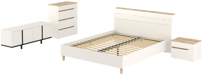 Муссон Кровать 11.41 + ортопед + Тумба 16.03 + Комод 13.97 + Тумба ТВ 13.276, цвет белый/чёрный/дуб эндгрейн элегантный, сп. м. 1600х2000 мм., б/м