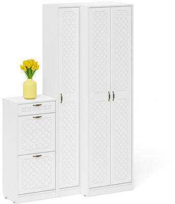 Прихожая П-6 Компоновка № 28, цвет белая шагрень/фасады МДФ белое дерево фрезеровка ромб, ШхГхВ 140х50х210 см., универсальная сборка