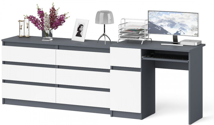 Мори компьютерный стол МС-1 левый + Комод МК1380.6, графит/белый