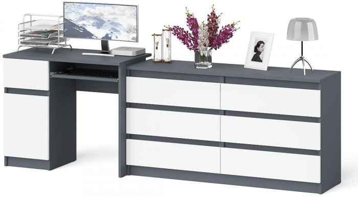 Мори компьютерный стол МС-1 левый + Комод МК1380.6, графит/белый