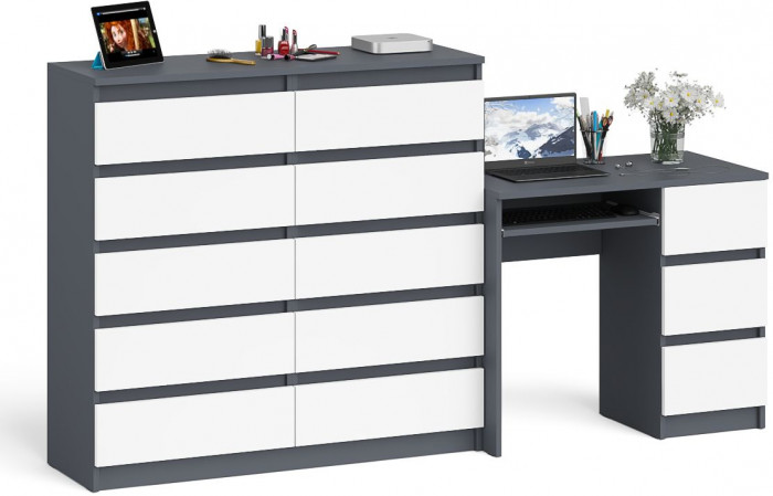 Мори компьютерный стол МС-6 правый + Комод МК1200.10, графит/белый